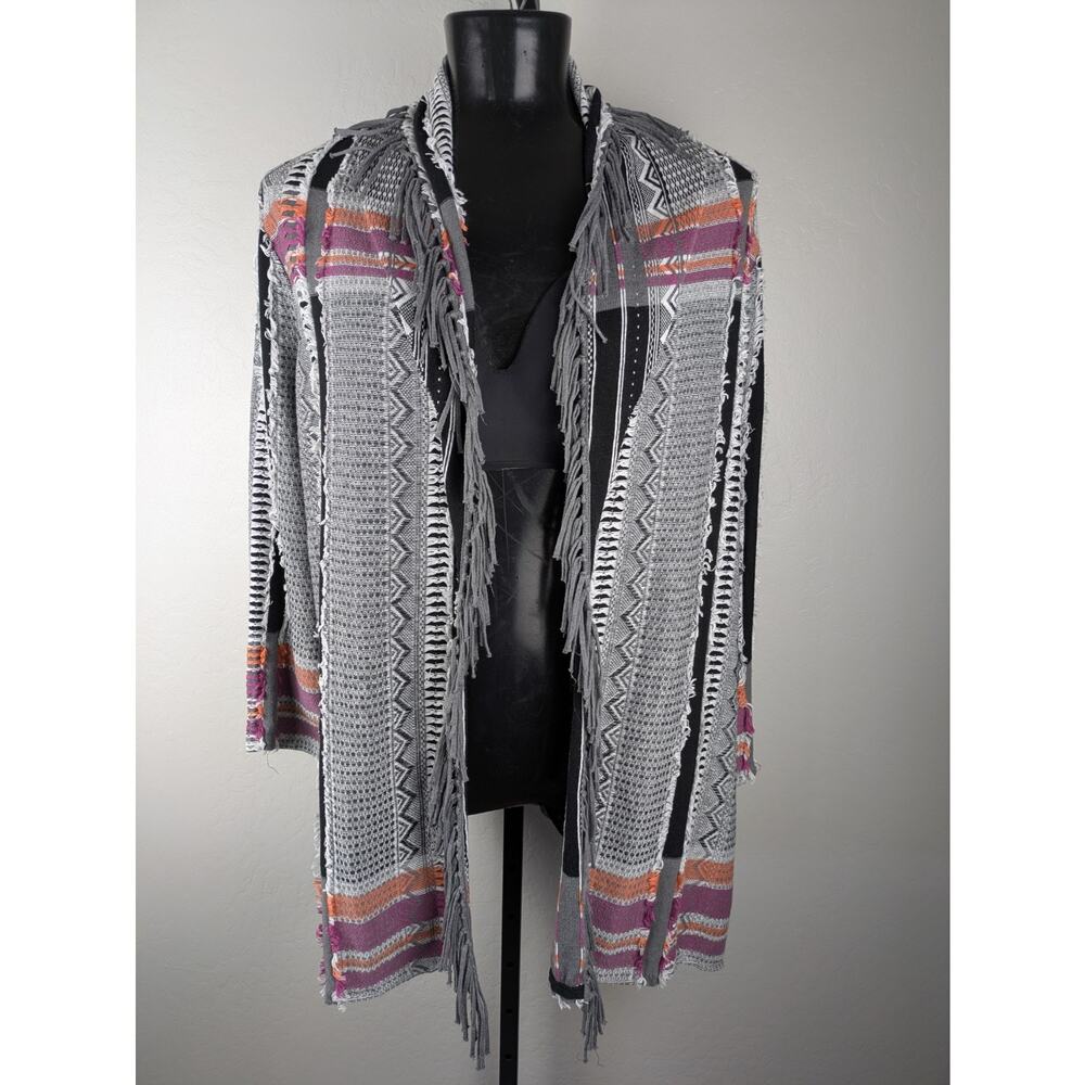 Zozo Open Front Cardigan Sweater black white colorful with fringe